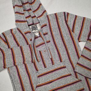 Original Senor Lopez Men's M Gray Multicolor Woven Baja Hoodie Pullover Poncho